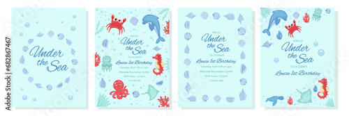 Birthday invitation set under sea theme background template, children's birthday party, invitation card with cartoon sea characters: octopus, dolphin, jellyfish, etc. Vector illustration. © Liliy