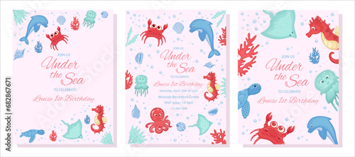 Birthday invitation set under sea theme background template, children's birthday party, invitation card with cartoon sea characters: octopus, dolphin, jellyfish, etc. Vector illustration.