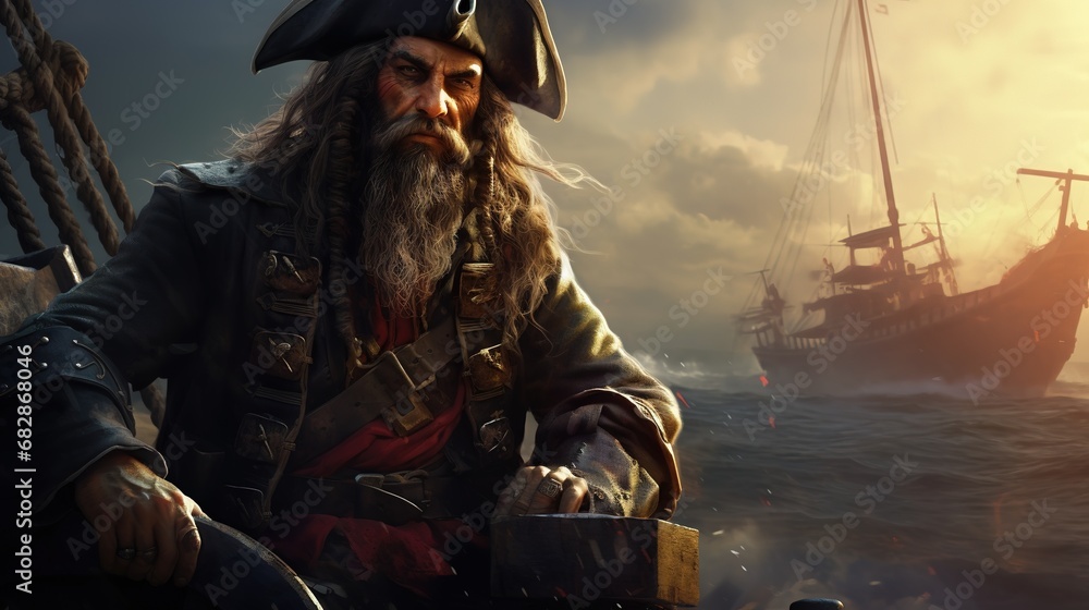 Obraz premium Portrait of pirate a person who attacks and robs ships at sea