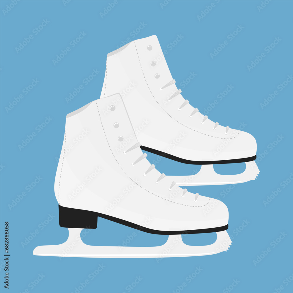 Ice figure skates. White ice skates for figure skating in winter. Element or accessory of a ski resort, mountain entertainment. Flat illustration of white shoes with blades for figure skating. Vector Ice figure skates. White ice skates for figure skating in winter. Element or accessory of a ski resort, mountain entertainment. Flat illustration of white shoes with blades for figure skating. Vector