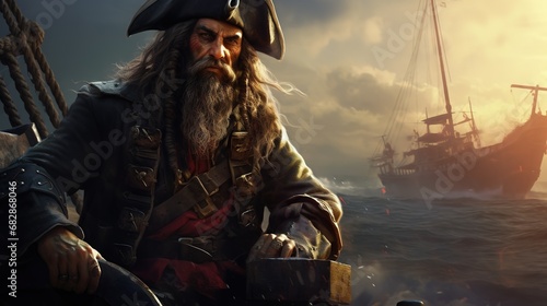 Portrait of pirate a person who attacks and robs ships at sea photo