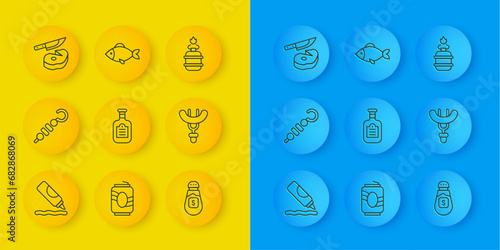 Set line Ketchup bottle, Grilled shish kebab, Sauce, Salt, Sausage on the fork, Steak meat and knife, Camping gas stove and Fish icon. Vector