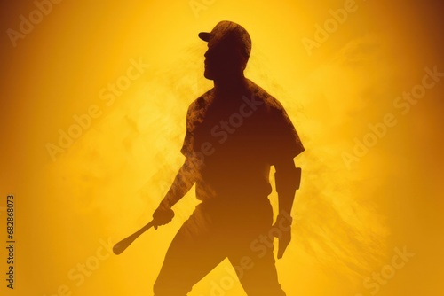Silhouette of a Baseball Player Holding a Bat Against a Vibrant Yellow Generative AI