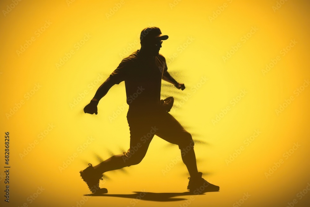 Silhouette of a Running Man on a Vibrant Yellow Baseball Field Generative AI