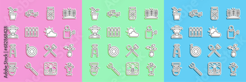 Set line Scarecrow, Plant, Watering can, Jar of honey, Garden fence wooden, Farmer the hat, pot and Sun and cloud weather icon. Vector