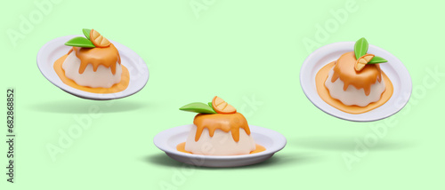 Panna cotta served on white plate. Cold jelly dessert with aromatic sauce and orange slices. Sweet creamy dish. Vector illustration for dynamic web design
