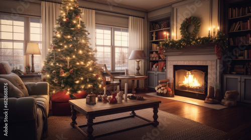 A warm and inviting living room with a decorated tree and stockings on the mantel.