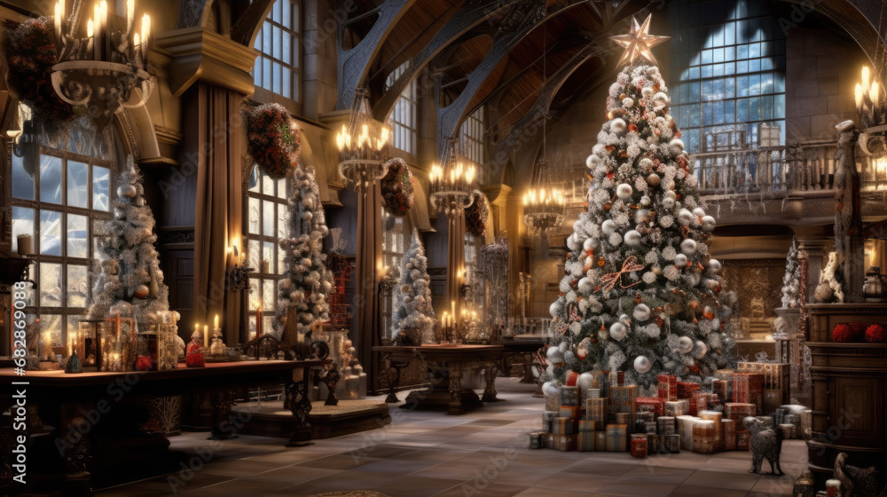 A festive and magical holiday scene with a Christmas tree and its glistening ornaments. A festive and magical holiday scene with a Christmas tree and its glistening ornaments.