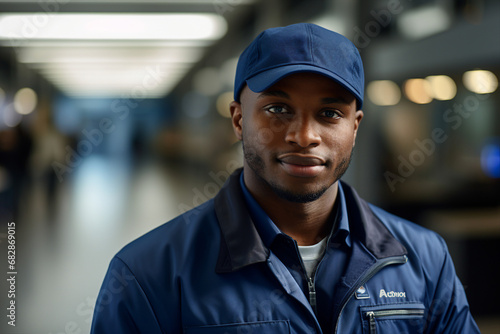 Generative AI image of handsome man postman mail carrier wear uniform standing in the warehouse © Tetiana