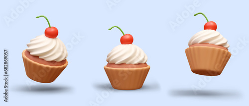 Cupcake with whipped cream and cherry. Portion sized, beautifully served dessert. Muffin with cream. Set of realistic sweets. Isolated vector cupcakes, front, top, bottom view