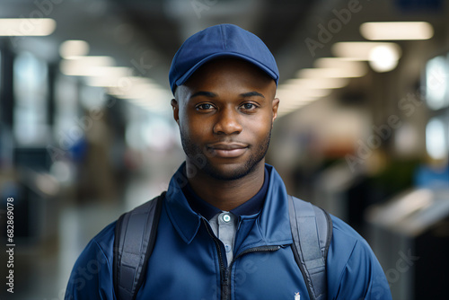 Made with generative AI technology image of black man in uniform working as postman in the warehouse