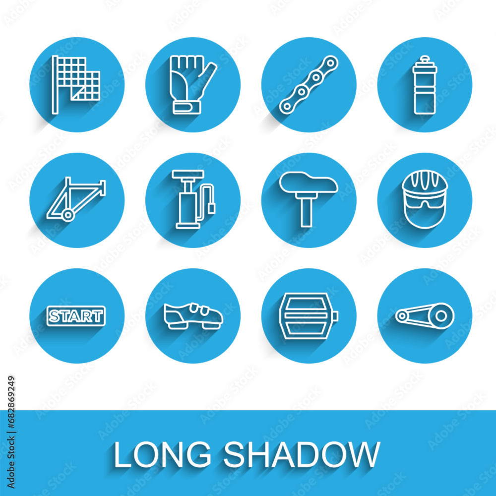 Set line Ribbon in finishing line, Bicycle shoes, Checkered flag, pedal, chain with gear, air pump, helmet and seat icon. Vector Set line Ribbon in finishing line, Bicycle shoes, Checkered flag, pedal, chain with gear, air pump, helmet and seat icon. Vector
