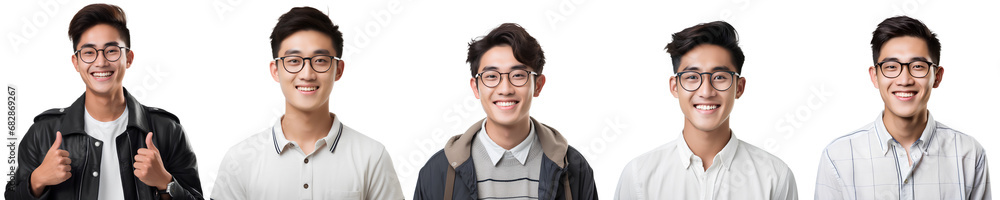 Asian male university student smiling happily on transparent background, study success concept.