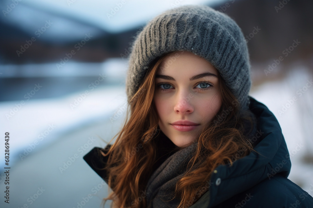 Generative AI portrait of young pretty girl in snowy forest tree magic atmosphere Generative AI portrait of young pretty girl in snowy forest tree magic atmosphere