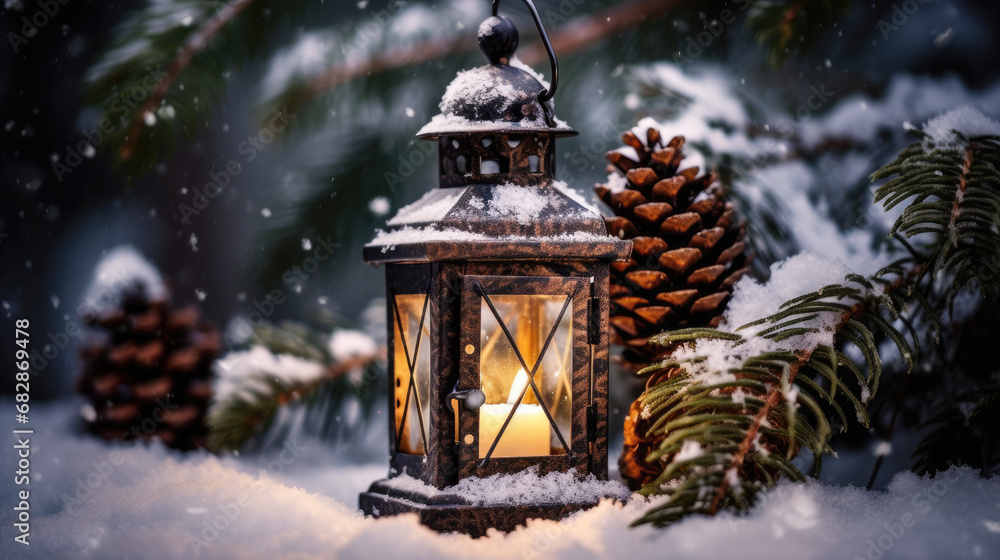 Rustic lantern in a winter wonderland of snow and fir branches.