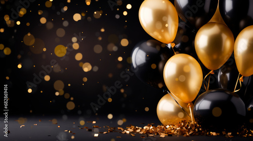 Celebration banner with gold, black balloons and confetti