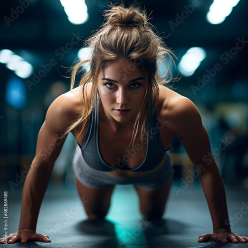 Young woman in the gym, pushing through an intense set of push-ups, with sweat and a look of effort