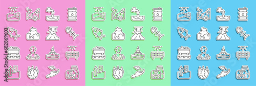 Set line Nuclear power plant, Solar energy panel, Dead fish, Water problem, Deforestation, Drought and Volcano eruption with lava icon. Vector