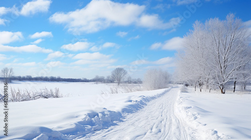 Snowy Landscape: Tranquil Winter Path through Frosty Forest