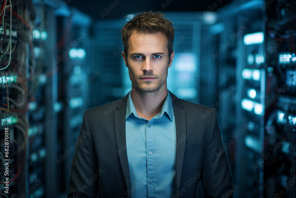 Generative AI portrait of cyberpunk system administrator programmer hacker person Generative AI portrait of cyberpunk system administrator programmer hacker person