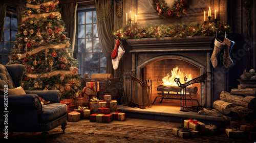 A traditional holiday tableau with a decorated tree and stockings hanging on the fireplace.