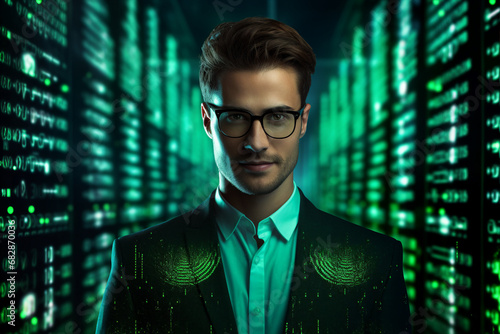 Generative AI portrait of cyberpunk system administrator programmer hacker person