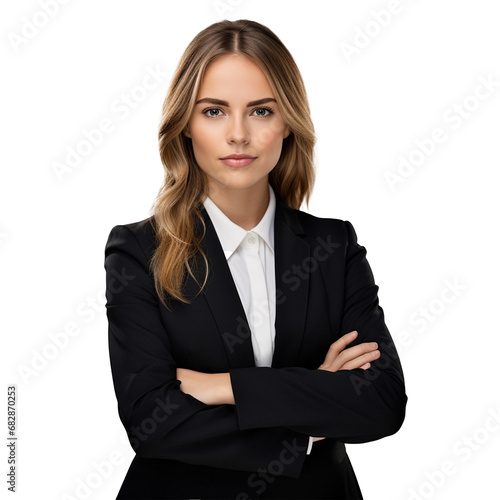 Caucasian young businesswoman ceo boss bank employee worker manager with arms crossed in formal wear transparent background
