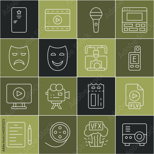 Set line Media projector, FLV file document, Light meter, Microphone, Comedy theatrical mask, Drama, Backstage and Gimbal stabilizer with camera icon. Vector