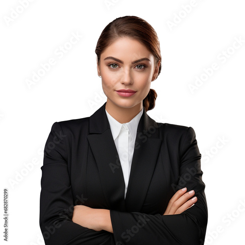 Caucasian young businesswoman ceo boss bank employee worker manager with arms crossed in formal wear transparent background