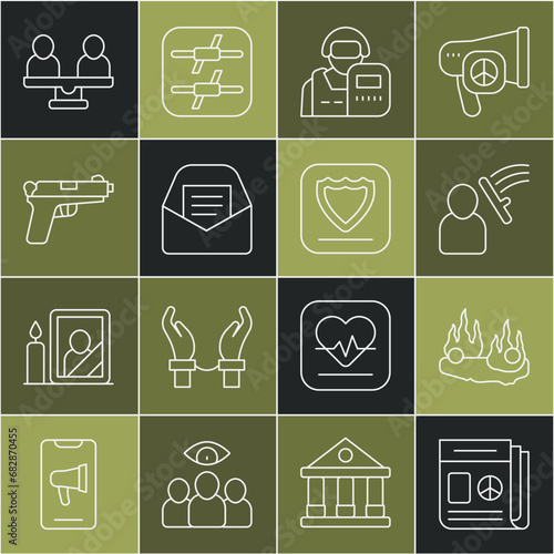 Set line News, Burning car, Police beat human, officer, Mail and e-mail, Pistol or gun, Gender equality and Shield icon. Vector