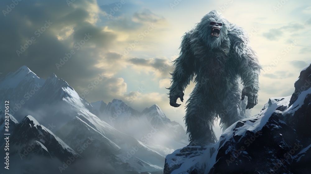 Huge and scary yeti on the top of a mountain, monster and fantasy concept - obrazy, fototapety, plakaty 
