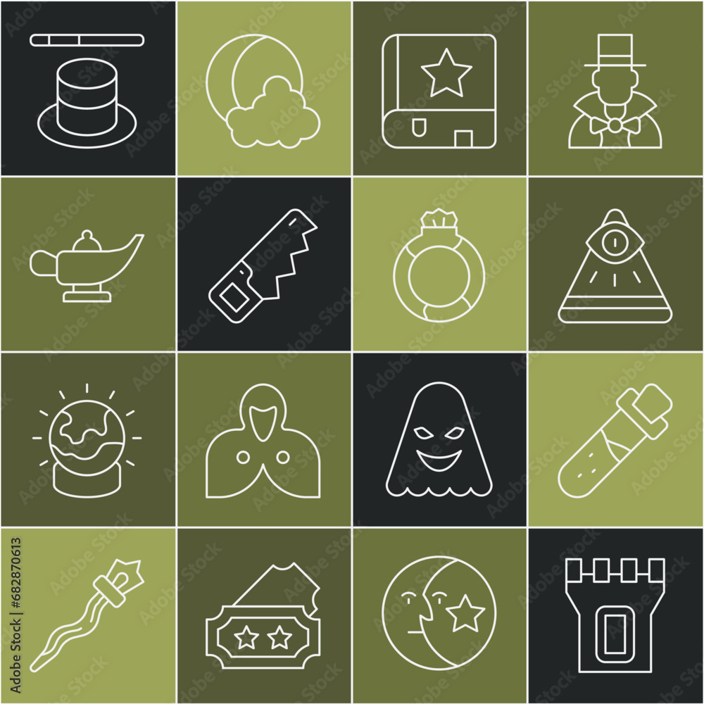 Set line Castle tower, Bottle with potion, Masons, Ancient magic book, Hand saw, Magic lamp or Aladdin, hat wand and stone ring gem icon. Vector Set line Castle tower, Bottle with potion, Masons, Ancient magic book, Hand saw, Magic lamp or Aladdin, hat wand and stone ring gem icon. Vector