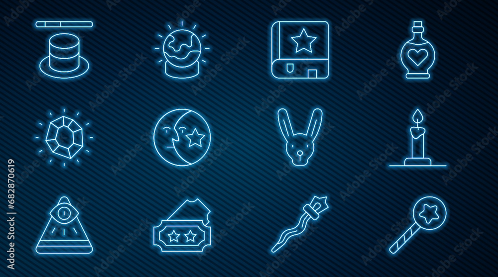 Set line Magic wand, Burning candle in candlestick, Ancient magic book, Moon stars, stone, hat, Rabbit with ears and ball icon. Vector Set line Magic wand, Burning candle in candlestick, Ancient magic book, Moon stars, stone, hat, Rabbit with ears and ball icon. Vector