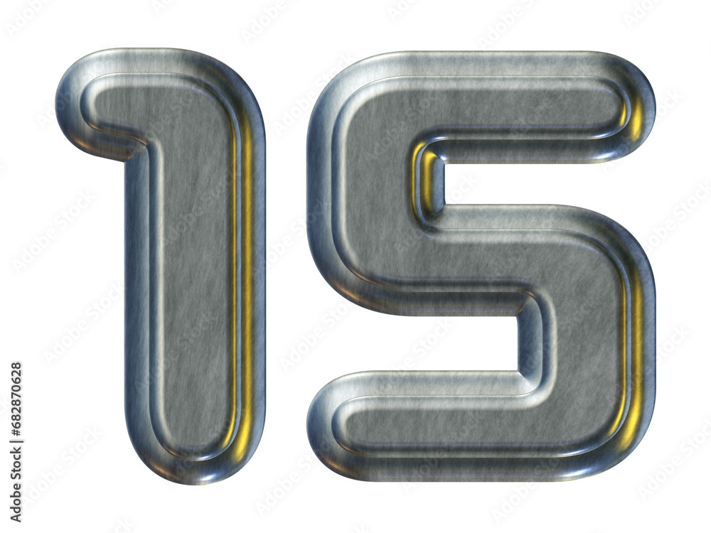 Silver metal number 15 isolated on transparent background for education concept Silver metal number 15 isolated on transparent background for education concept
