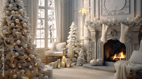 A cozy corner transformed into a winter wonderland with a decorated tree and presents on the fireplace.