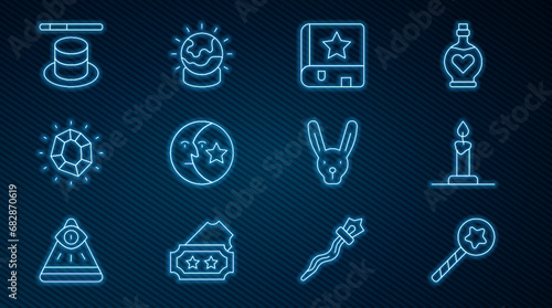 Set line Magic wand, Burning candle in candlestick, Ancient magic book, Moon stars, stone, hat, Rabbit with ears and ball icon. Vector
