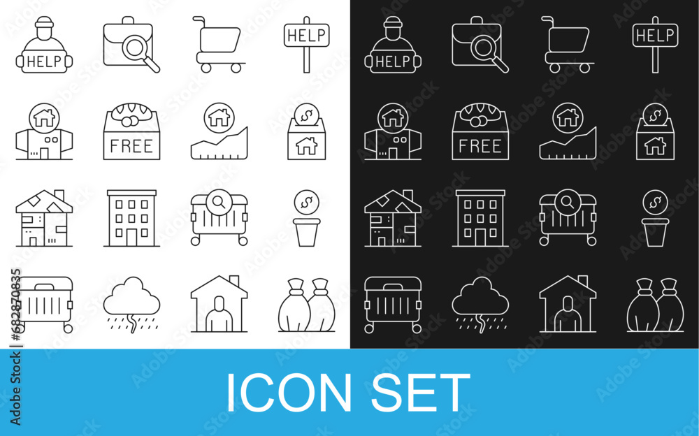 Set line Garbage bag, Donation money, and charity, Shopping cart, food, Homeless cardboard house, Help homeless and Rising cost of housing icon. Vector