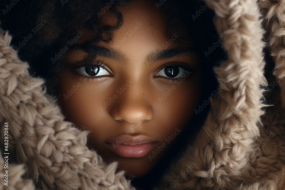 Young african girl enjoying wrapped in warm soft blanket Generative AI content Young african girl enjoying wrapped in warm soft blanket Generative AI content