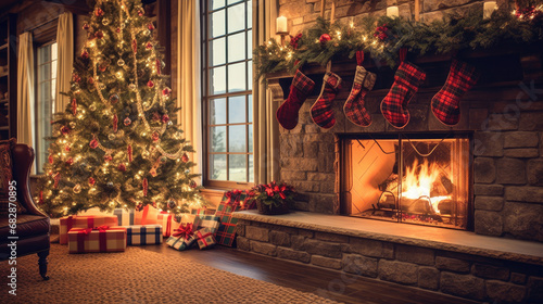 A festive living room adorned with a Christmas tree and stockings above the fireplace. photo