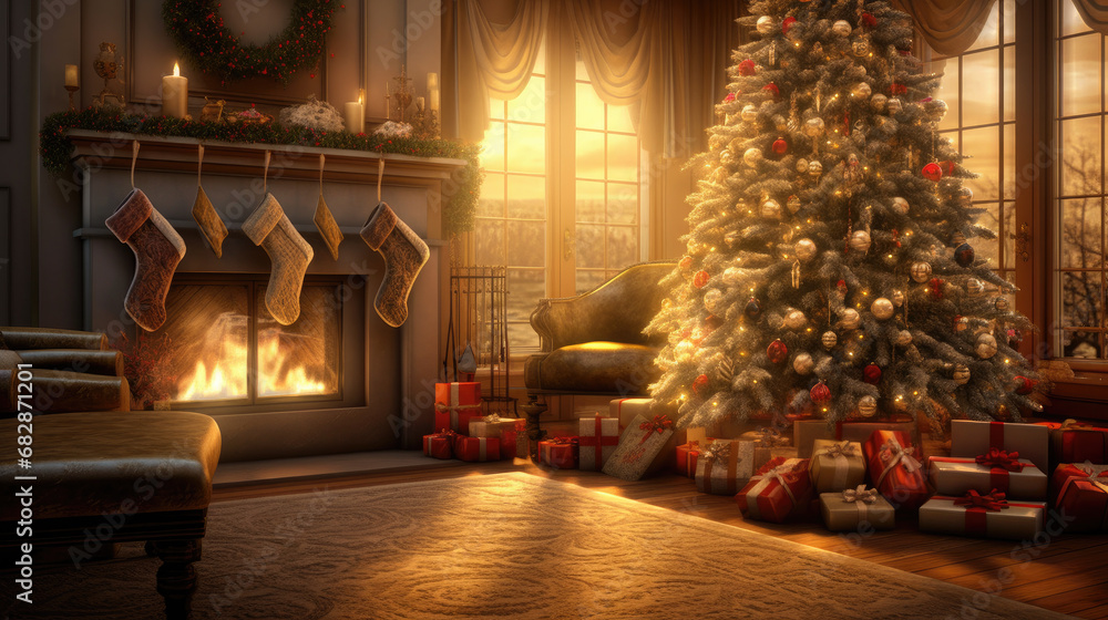 A joyful holiday setting with a beautifully decorated tree and presents on the hearth. A joyful holiday setting with a beautifully decorated tree and presents on the hearth.