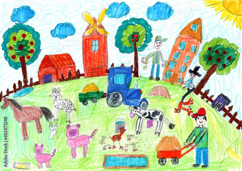 Farm animals with rural landscape. Cow, sheep, pig, horse, rooster, chicken, goose, duck. Pencil art in childish style