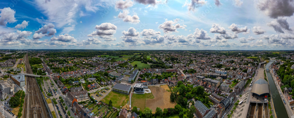 Halle, Flemish Brabant Region, Belgium, 01 05 2023, aerial panorama view of a Sunny Spring Day, This panoramic aerial view captures the charming city of Halle in the Flemish Brabant region of Belgium