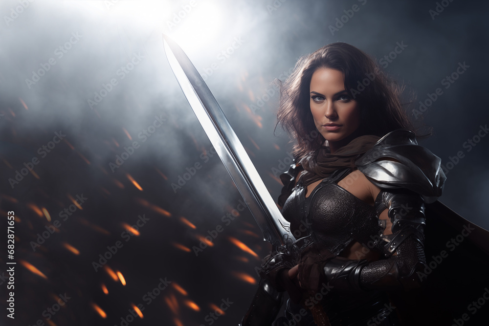 Young beautiful girl warrior in medieval fantasy armor with sword on gray neutral background - obrazy, fototapety, plakaty 