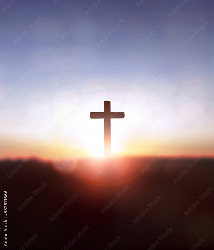 Silhouette jesus christ cross on sunrise background