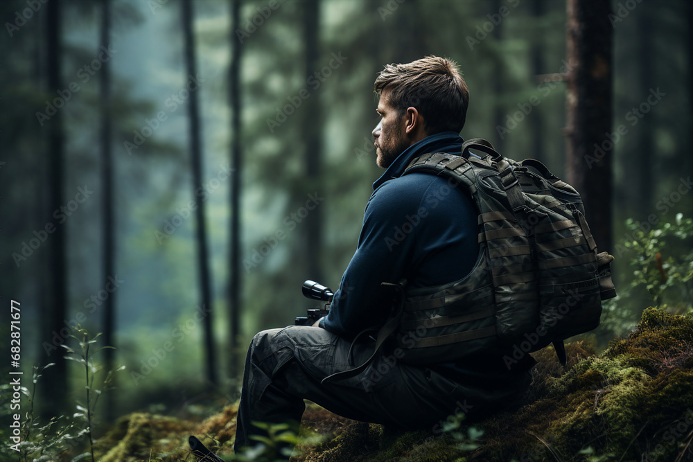 Generative ai picture of handsome nice man exploring wild nature walking in forest Generative ai picture of handsome nice man exploring wild nature walking in forest
