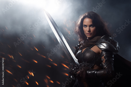 Young beautiful girl warrior in medieval fantasy armor with sword on gray neutral background photo