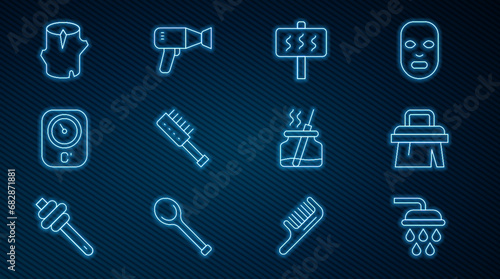 Set line Shower, Sauna brush, thermometer, Wooden log, Aroma diffuser and Hair dryer icon. Vector