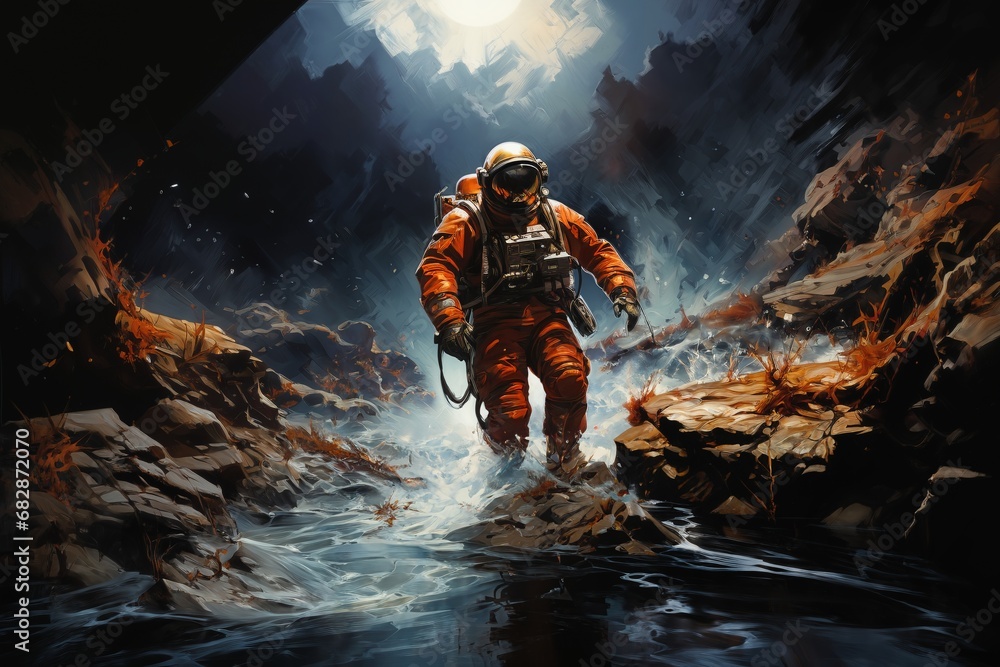 astronaut walking on a planet - obrazy, fototapety, plakaty 