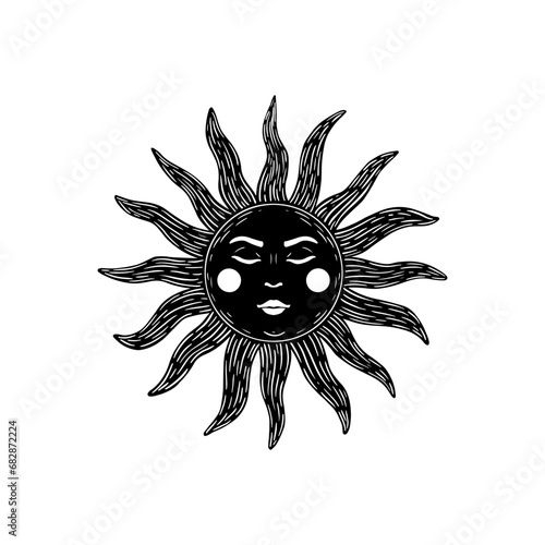 SUN - witchy magic symbol. Linocut print style. Vector.