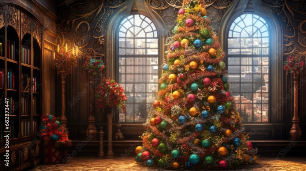 A Christmas tree adorned with colorful ornaments, setting the stage for a festive celebration.